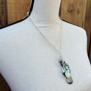 Grey mother of pearl lariat necklace on 22” silver chain